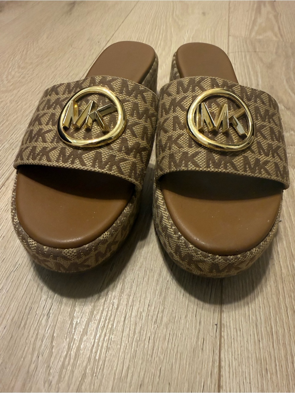 Michael Kors Brown MK Logo Platform Slides with Gold Emblem